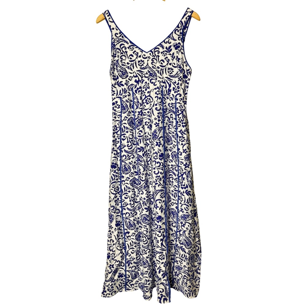 Fate Blue White Paisley Floral Pom Pom Trim Smocked Back Maxi Dress Medium